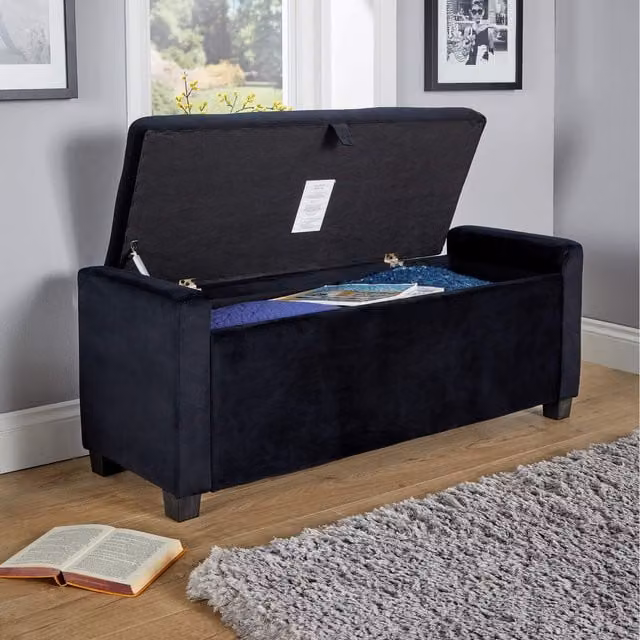 Home Source Verona Black Fabric Storage Box Ottoman