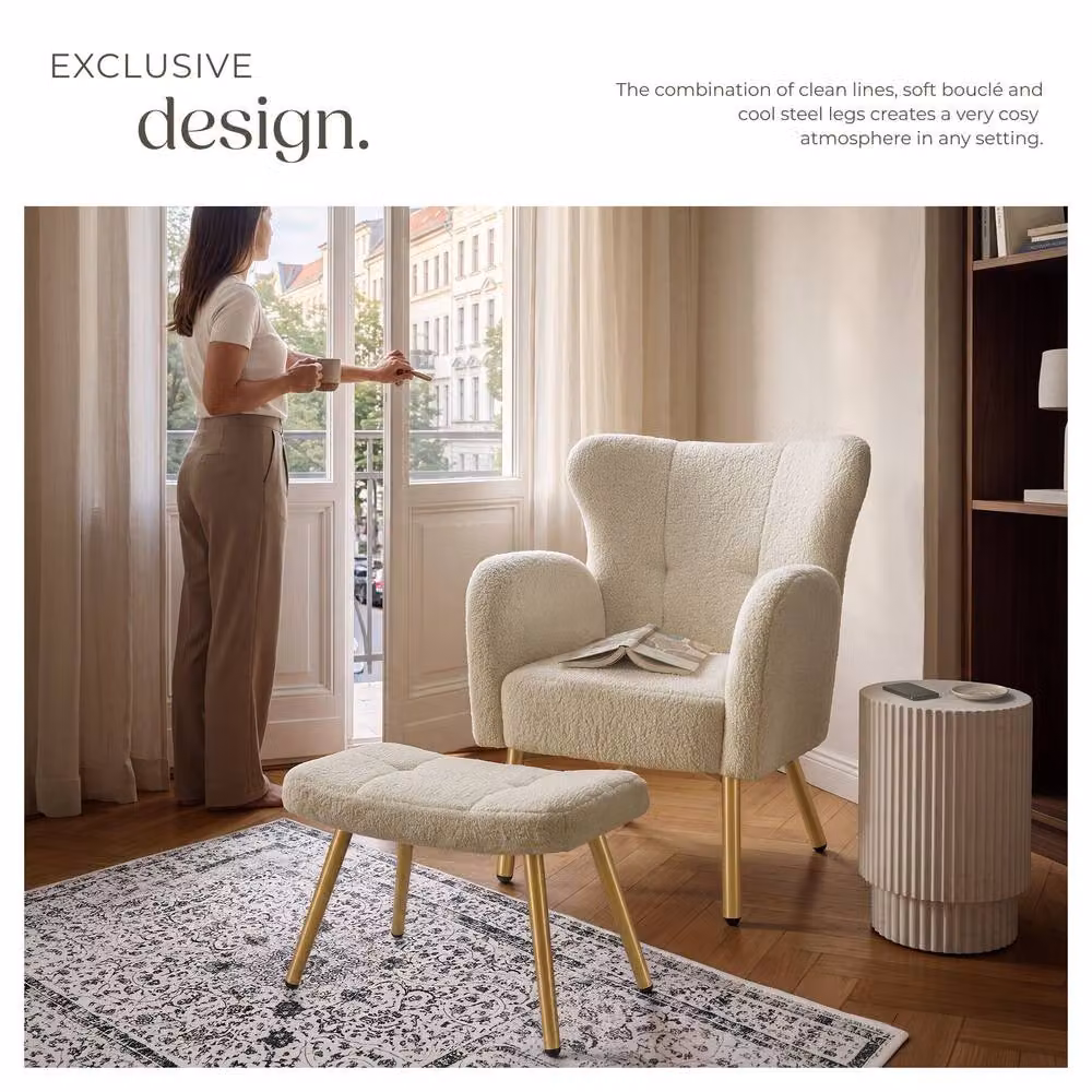 tectake Vänersborg Armchair with Ottoman in Cream Bouclé and Gold – 3