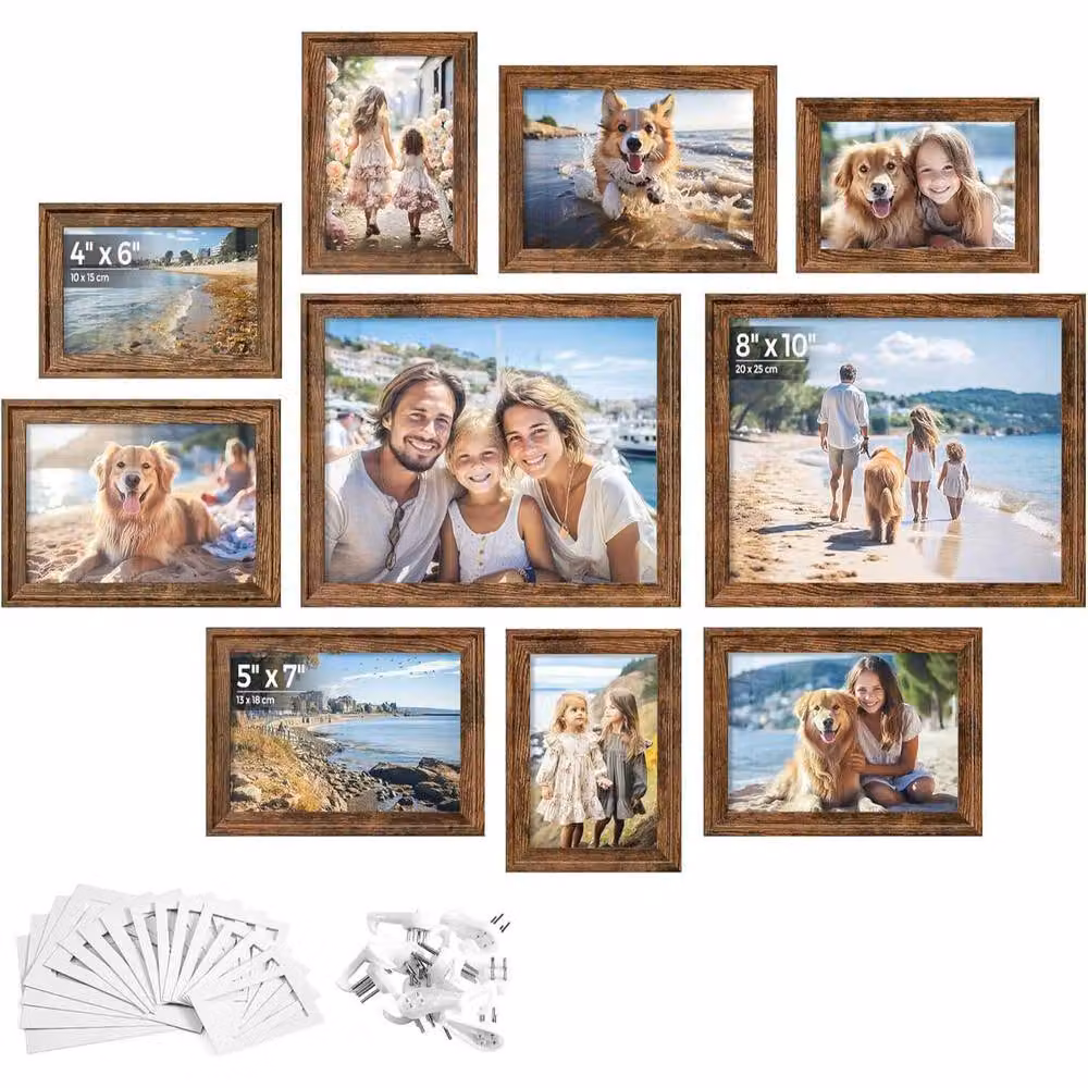 The Bazaarist Set of 10 Rectangular Rustic Wood Photo Frames with Mats, Brown – 2