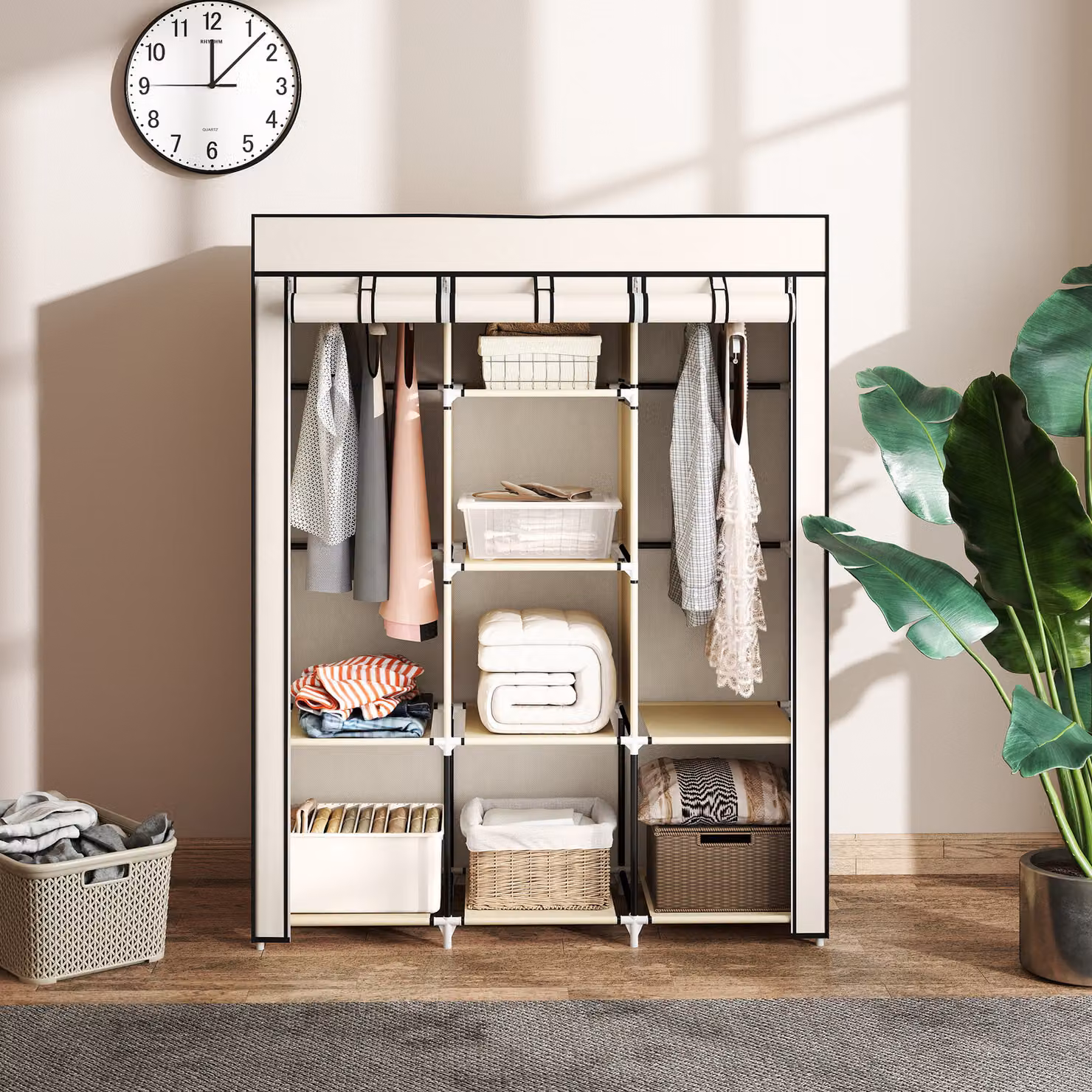HOMCOM Portable Fabric Wardrobe with Roll Shutter, Hanging Rod and Internal Shelves, White, W/D/H: 125 x 43 x 162.5 cm – 2