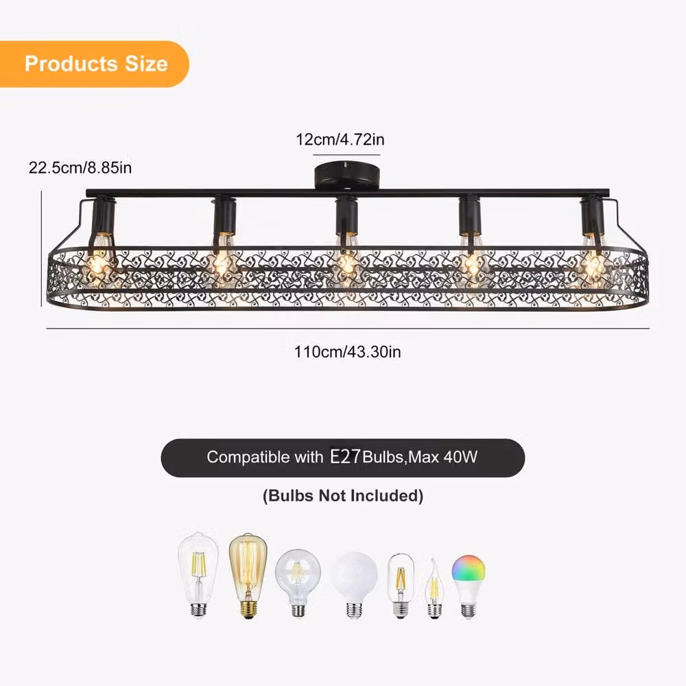 Garwarm 5-Light Farmhouse Metal Dimmable Flush Mount Ceiling Light, Black, W: 110 cm – 3