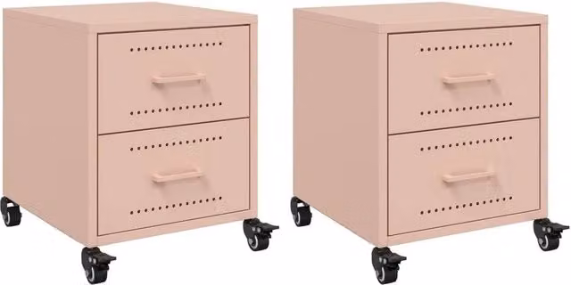 Berkfield Home Set of 2 Pink Metal Bedside Cabinets, W/D/H: 36 x 39 x 43.5 cm