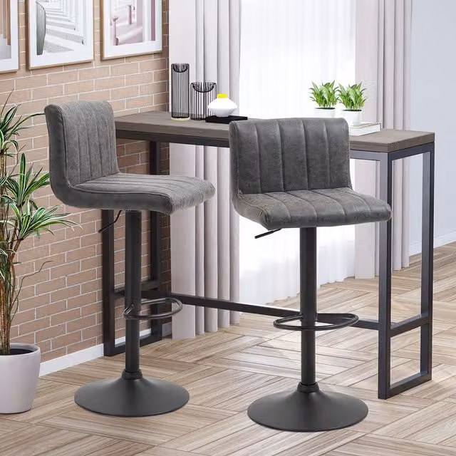 HOMCOM Set of 2 Grey PU Leather Swivel Counter Bar Chairs with Adjustable Height