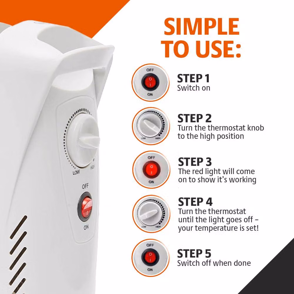 Bergstrom Mini 0.5kW Oil-Filled Radiator, Portable Freestanding Electric Heater in White – 5