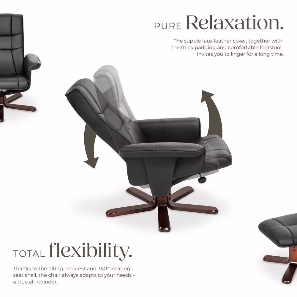 tectake Relax Recliner Armchair with Ottoman and Armrests, Black Synthetic Leather, Swivel and Adjustable Backrest – 3