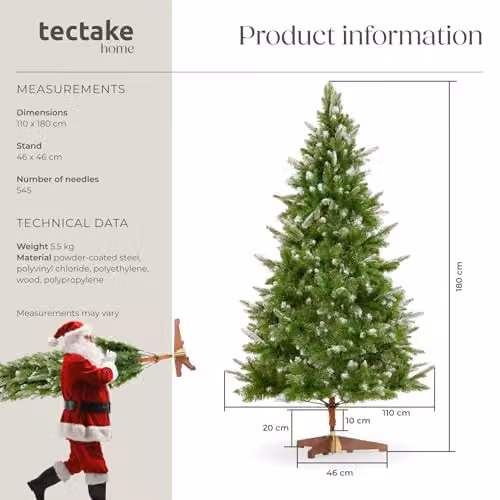 tectake Artificial Christmas Tree in Green with Frosted Tips and Wooden Stand, Height: 180 cm – 6
