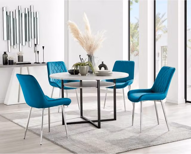 Furniturebox Adley Grey Concrete Effect Round Storage Dining Table and 4 Pesaro Blue Velvet Chairs with X-Frame Metal Legs