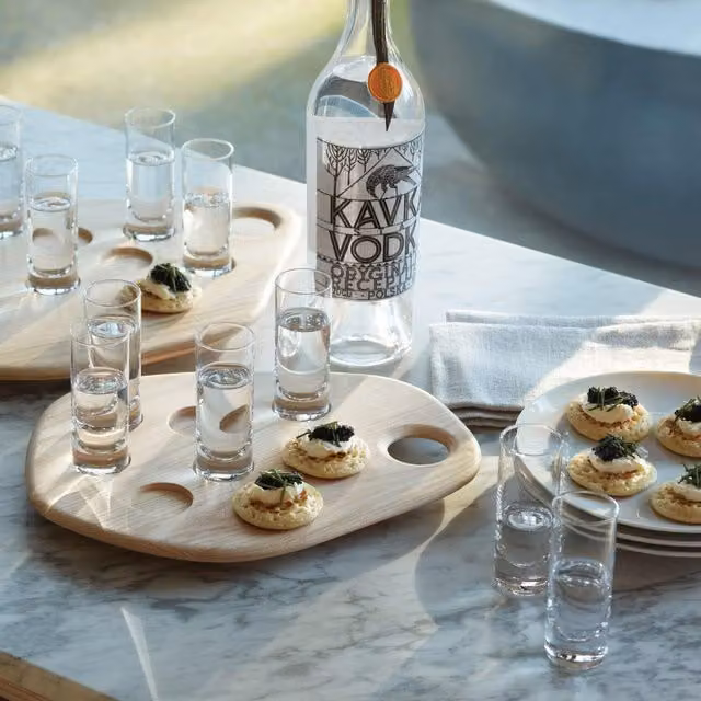 LSA 6-Piece Transparent Glass Shot Glass Set with Solid Ash Wood Serving Tray