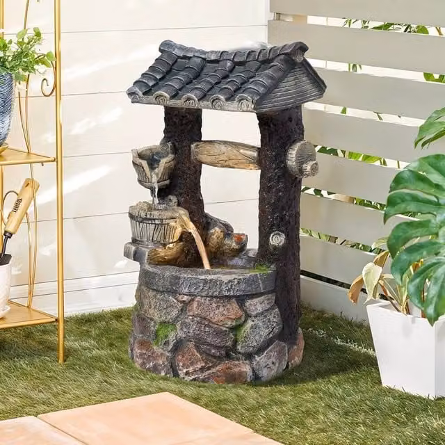 NESTLUNE Solar Wishing Well Water Fountain Outdoor Garden Water Feature, Grey, W: 100 cm, D: 15 cm