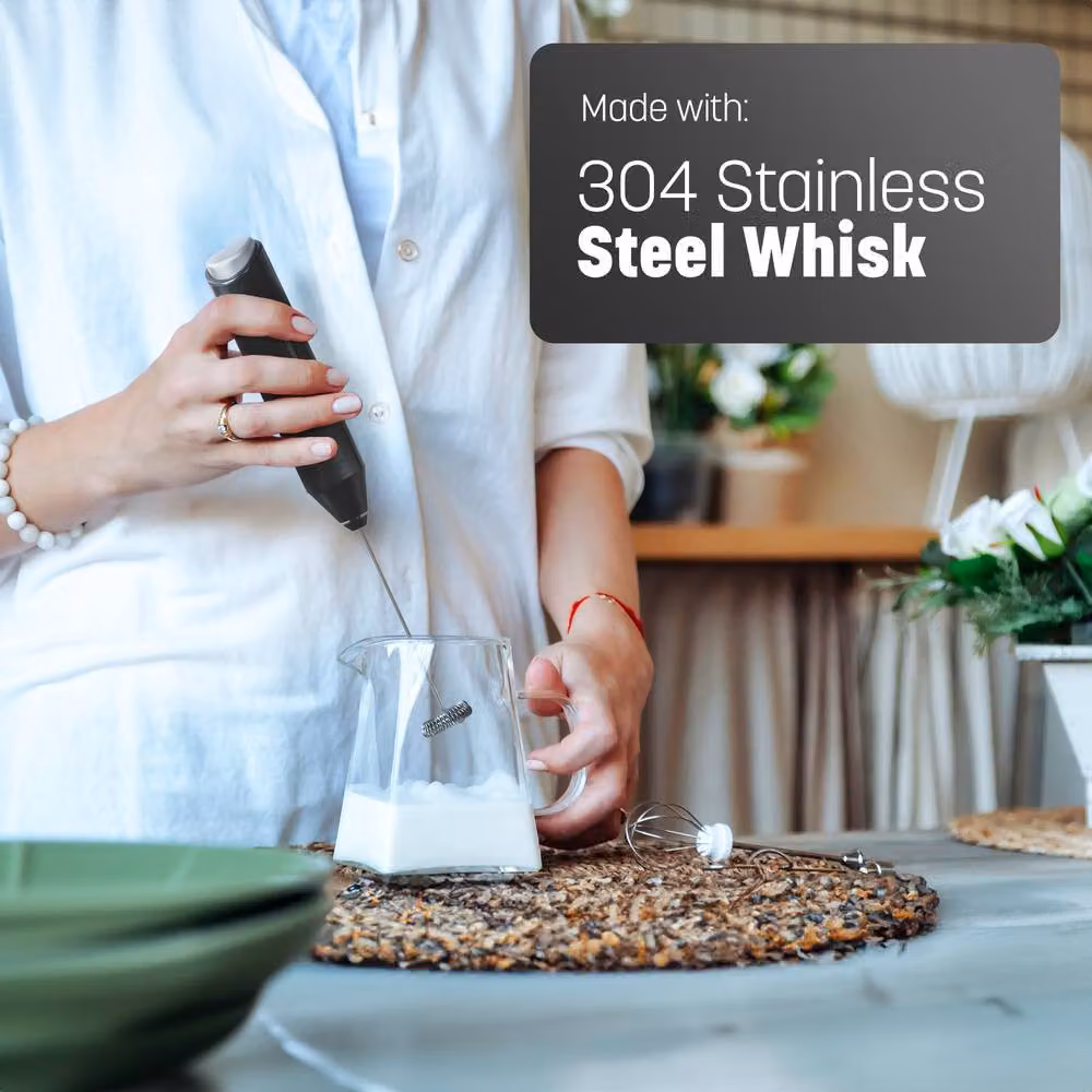 Keplin Battery Operated Handheld Milk Frother with Stand, Stainless Steel Electric Whisk in Black – 6