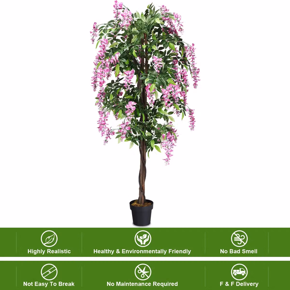 Gymax 180 cm Artificial Ficus and Wisteria Tree with Nursery Pot in Green and Pink – 4