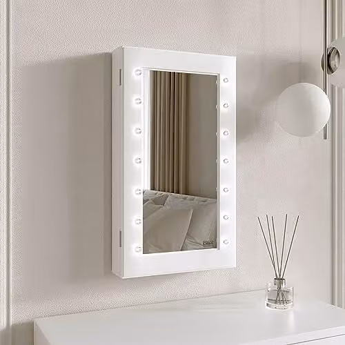 CARME Katie White Jewellery Storage Cabinet with Mirror and LED Lights, Wall Mounted or Tabletop Organiser for Bedroom and Bathroom – 1