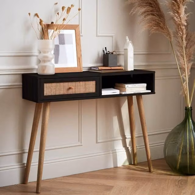 Sweekeec Vintage Wood and Cane Decor Console Table in Black, Width: 100 cm – 1