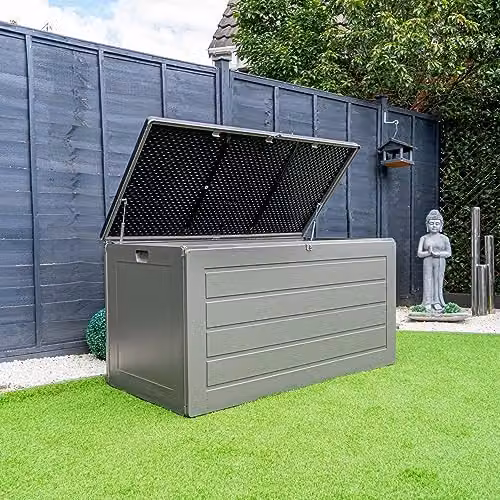 AIRWAVE Wood Effect Outdoor Garden Storage Box in Grey, 680L Lockable Plastic Storage Bench – 4