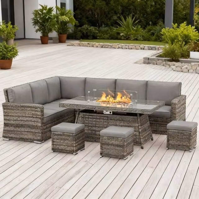 ERGOVEXA Seven-Piece Grey Rattan Firepit Table Sofa Set with Upholstered Cushions and Metal Frame – 1