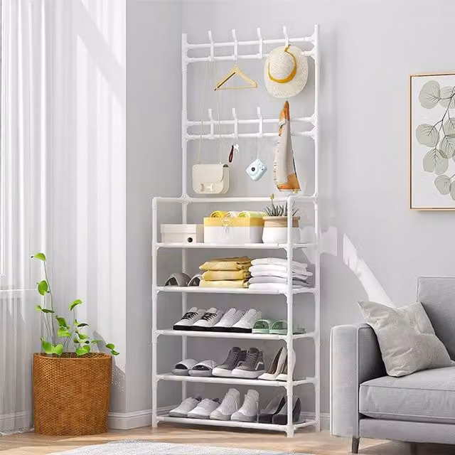 NESTLUNE Metal Hall Tree with Bench, Coat and Hat Stand with 8 Hooks and 5 Tier Shoe Rack, White, W/D/H: 100 x 15 x 15 cm