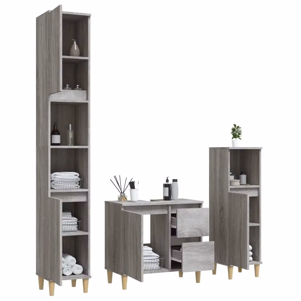 Berkfield Home 3 Piece Modern Grey Bathroom Cabinet Set with Vanity and Tall Unit – 2