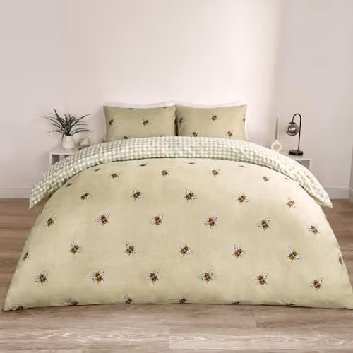OHS Reversible Bee Gingham Bedding Set in Green and White, Double Size, Duvet Cover 200 x 200 cm and Pillowcases 50 x 75 cm – 1