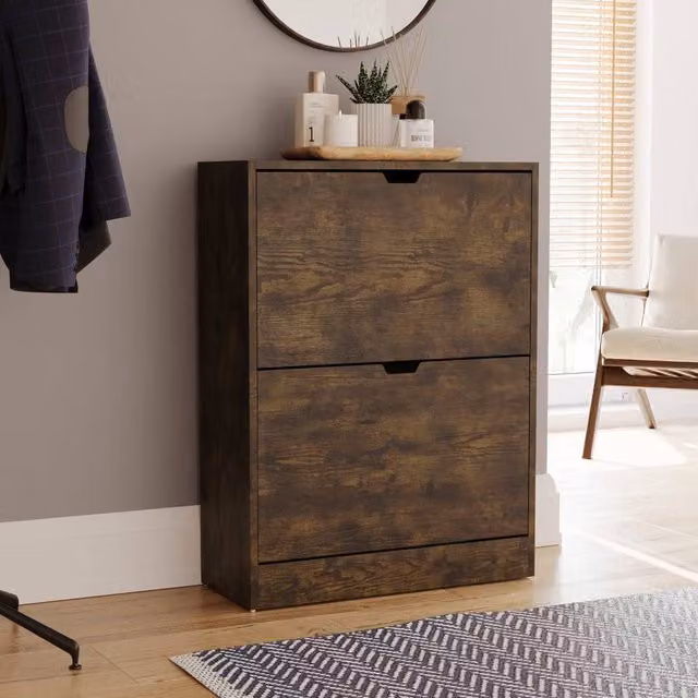 HD Designs Vida Designs Modern 2 Drawer Brown Wood Shoe Cabinet with Tilting Compartments – 1