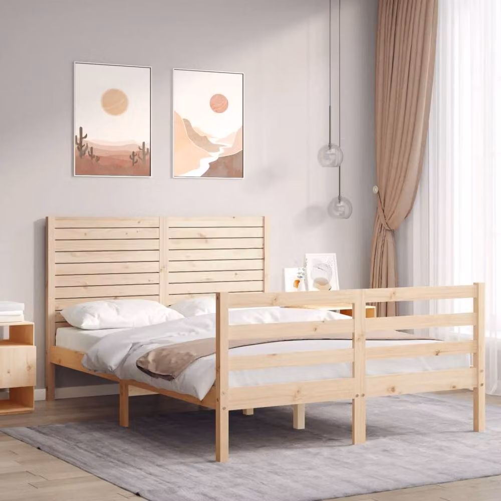 Berkfield Home Small Double Solid Pine Wood Bed Frame with Headboard in Natural – 2
