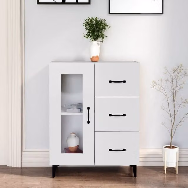 Berkfield Home Modern White Sideboard in Matt MDF and Glass, W/D/H: 69.5 x 34 x 90 cm