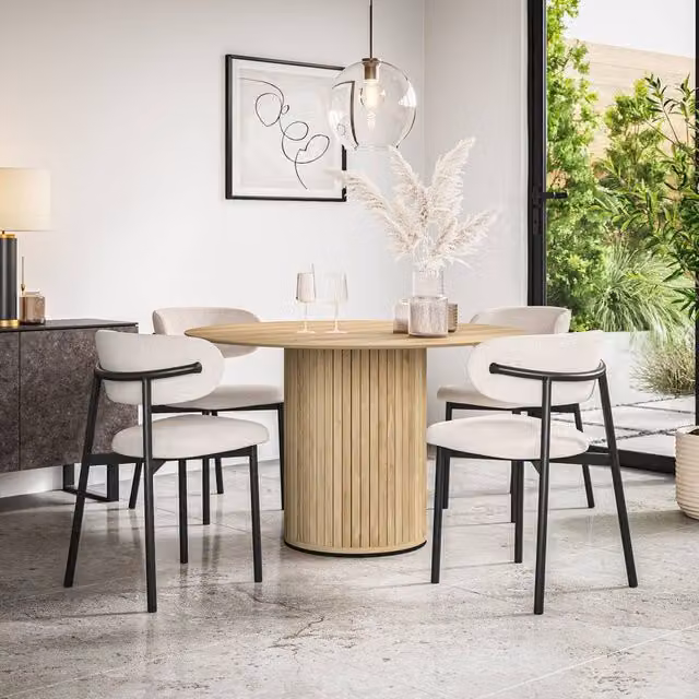 More4Homes Arlo Oak Round Dining Table and Myla Beige Linen Dining Chair Set of 6, W/D/H: 120 x 120 x 75 cm