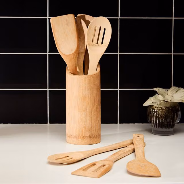 Orsina Bamboo Kitchen Utensil Set with Holder, 6 Piece Non-Scratch Cooking Tools in Brown, H 32 cm x W 8 cm x D 8 cm – 3