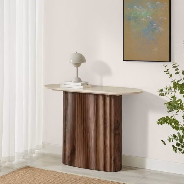 FurnitureboxUK Penrose Rounded Walnut Wood and Marble Effect Console Table in Brown