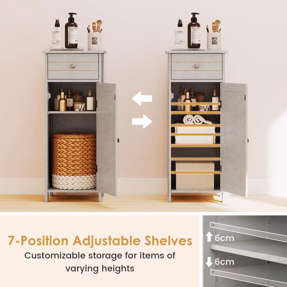 Costway Grey Wooden Floor Standing Bathroom Storage Cabinet with Hinged Doors and Internal Shelves – 3