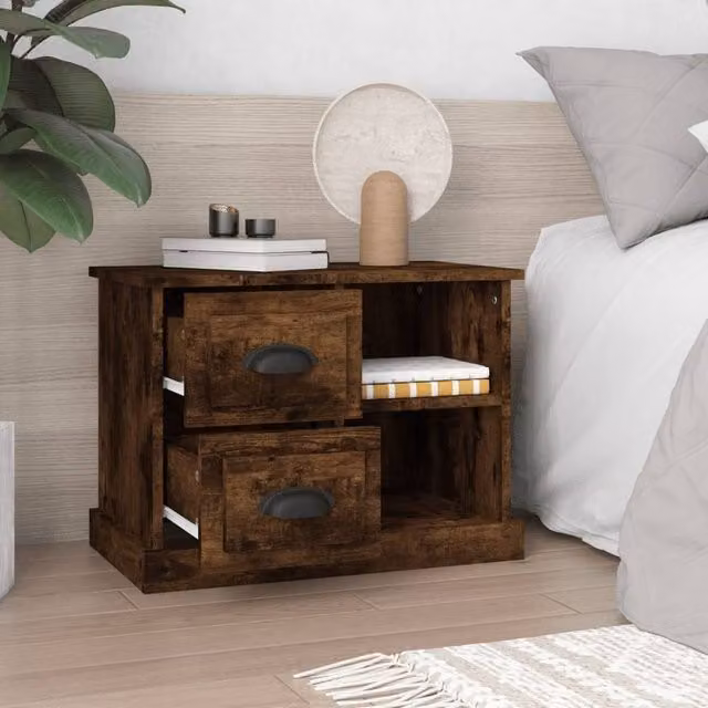 Berkfield Home Elegant Bedside Cabinet in Smoked Oak Brown, W/D/H: 60 x 35.5 x 45 cm
