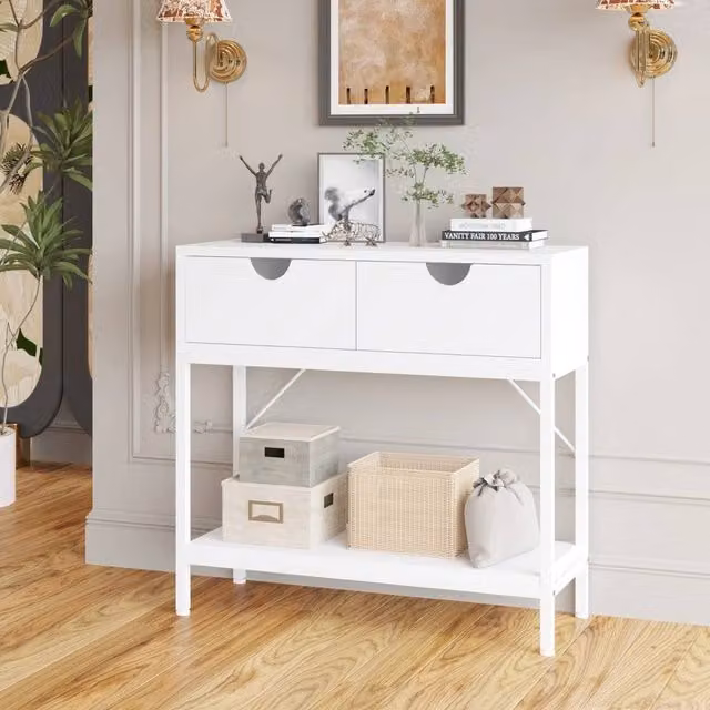 VOGREX White Console Table with 2 Drawers, MDF Top and Metal Frame for Hallway or Living Room
