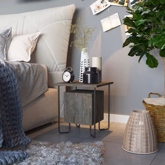 FWStyle Modern 1 Door Bedside Table with Black Metal Frame in Dark Coffee