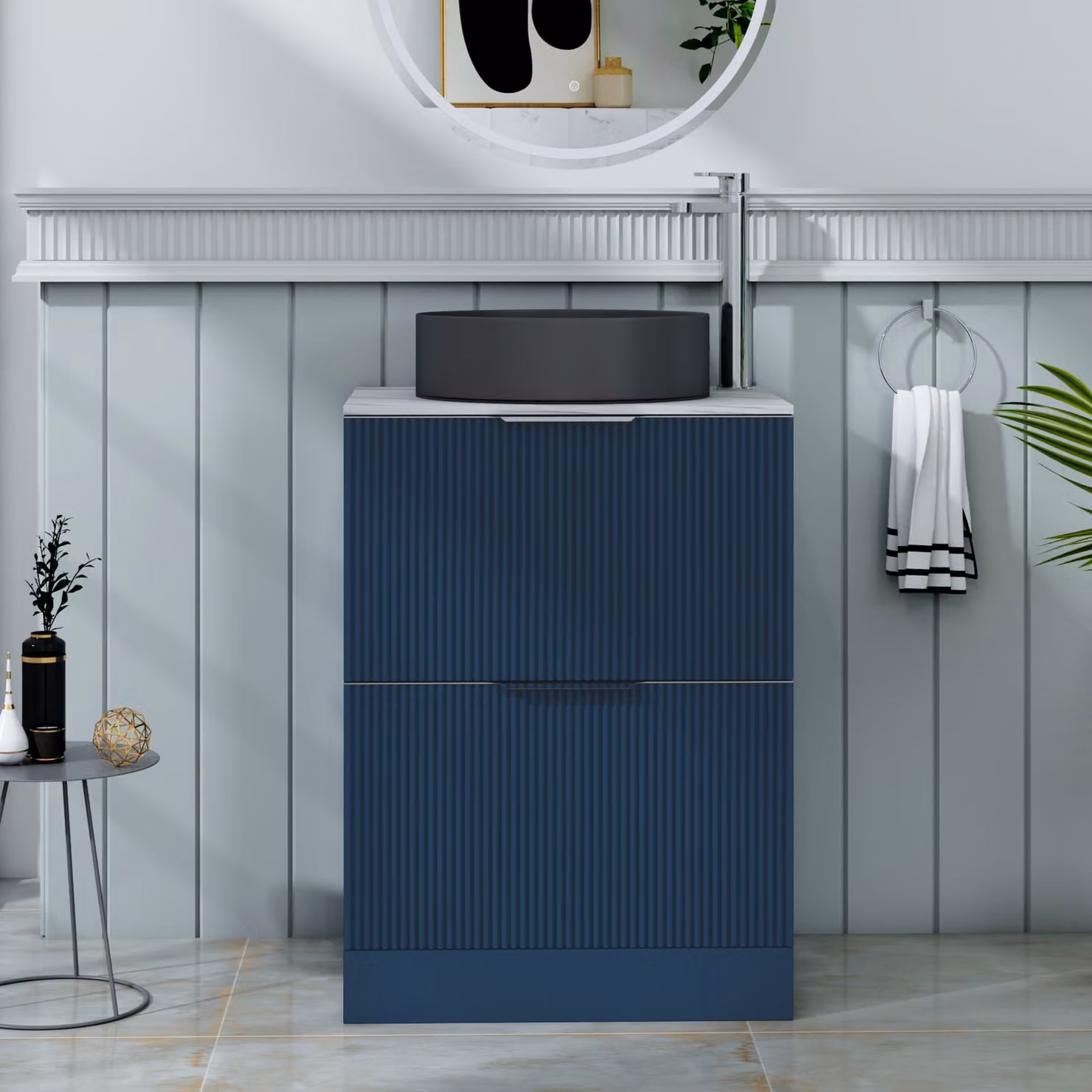 Royal Bathrooms Evora Midnight Blue Fluted Floor Standing Countertop Vanity Unit with 2 Drawers and Art Deco Round Basin, Width: 60 cm