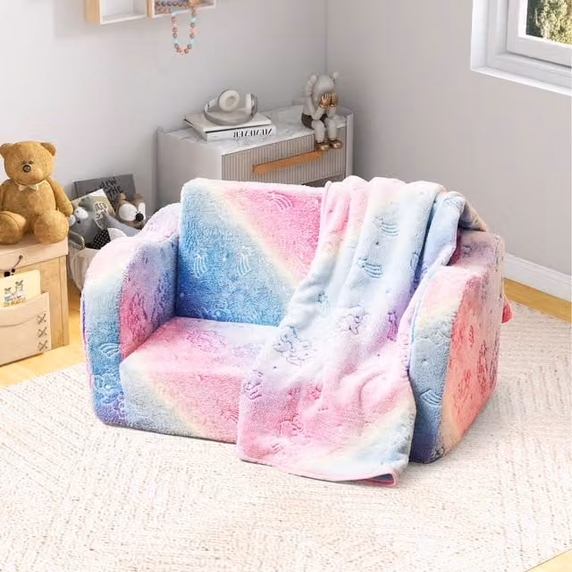 Costway 2-in-1 Folding Toddler Sofa Lounger in Pink Flannel Fabric