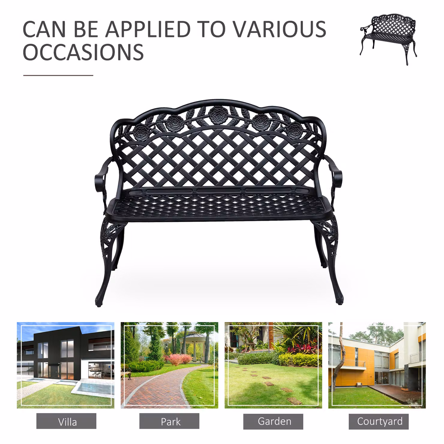 Outsunny Antique Style 2 Seater Cast Aluminium Garden Bench with High Back and Armrests, Black – 6