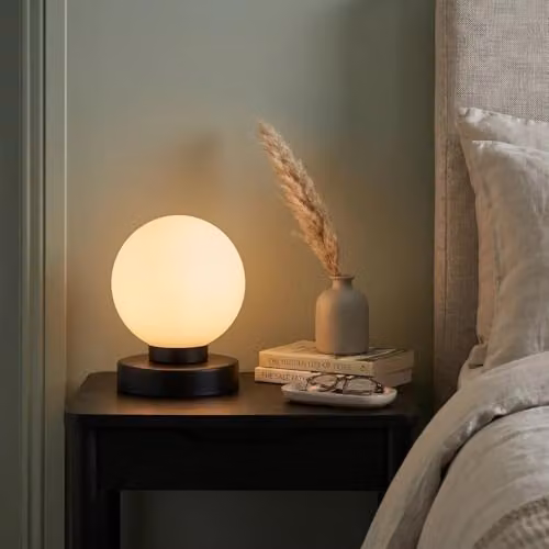 Happy Homewares Modern White Glass Sphere Table Lamp with Black Metal Base, H 16 cm x W 13 cm x D 13 cm – 2