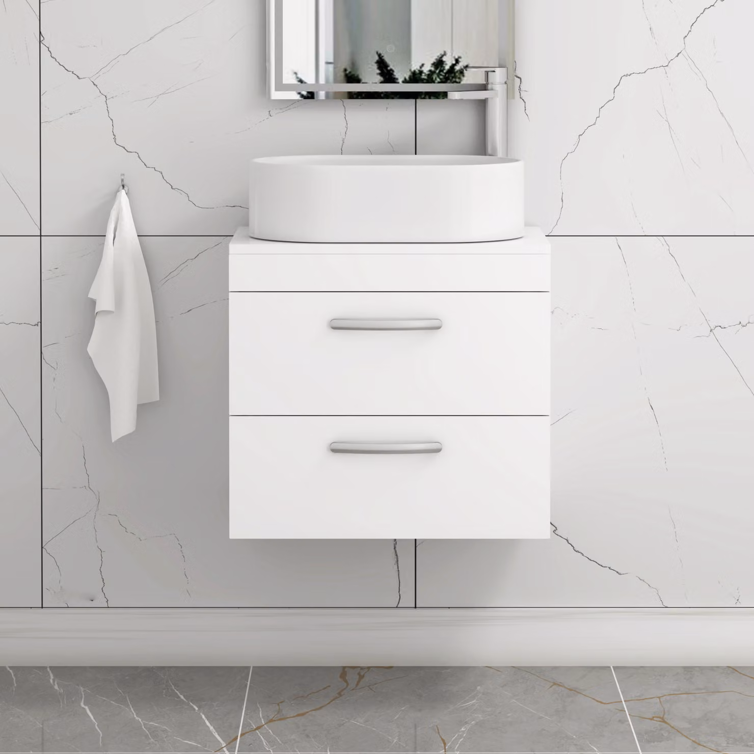 Royal Bathrooms Turin 600mm Wall Hung Vanity Unit with 2 Drawers and Countertop Basin in Gloss White