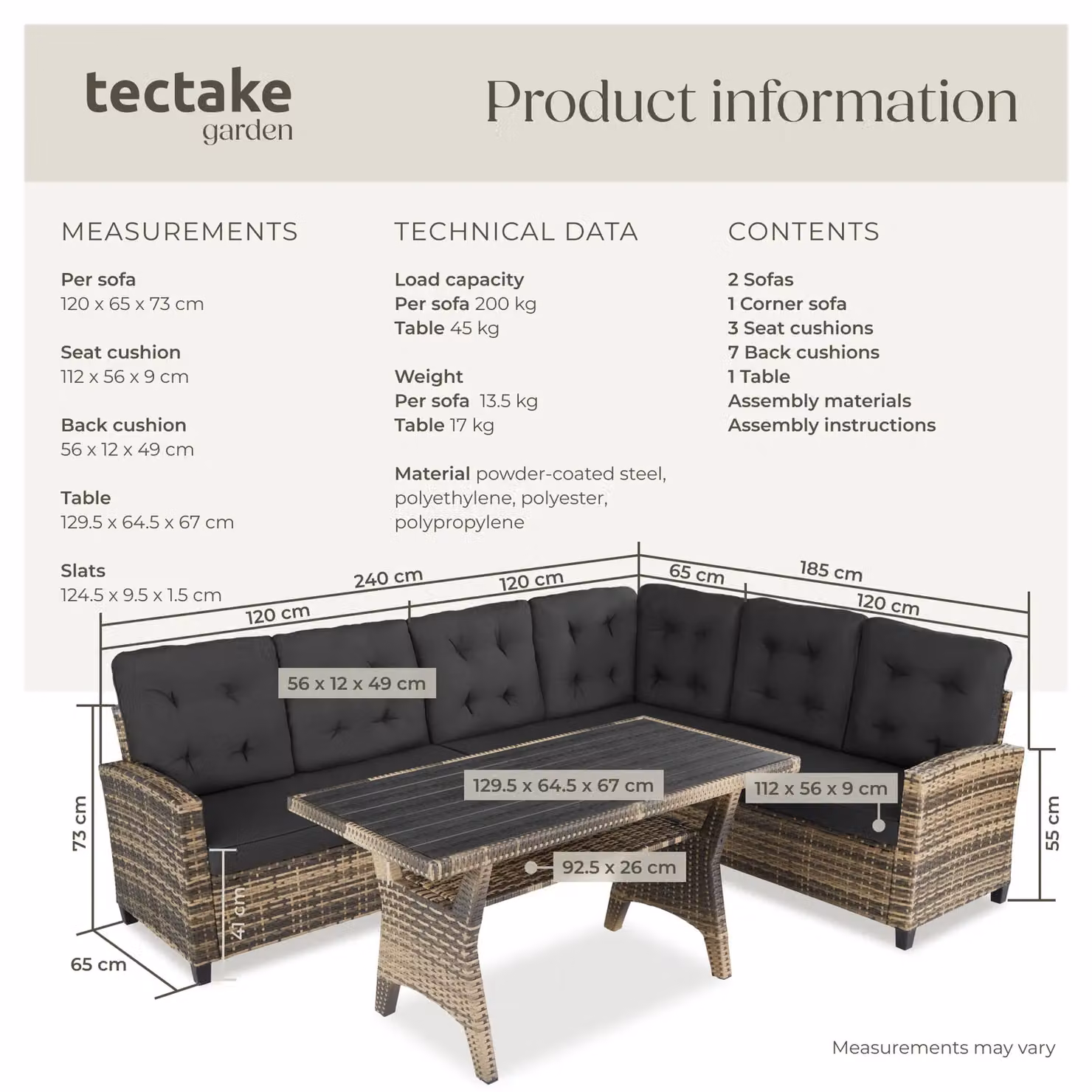 tectake Catania L-Shape Garden Furniture Set in Natural Polyrattan with Grey and Sand Upholstered Cushions and Coffee Table – 5