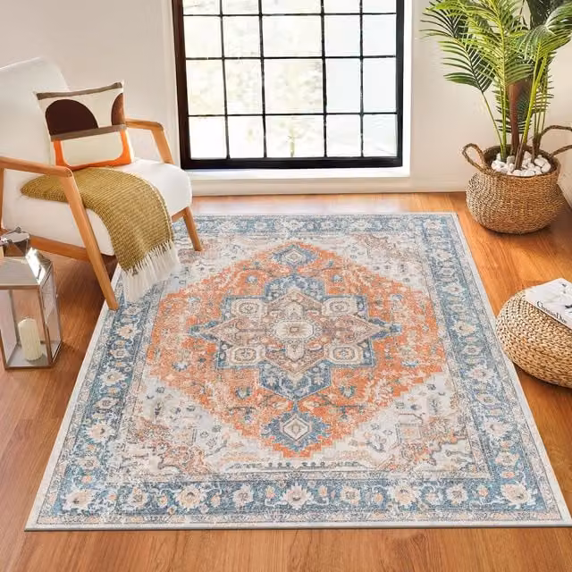 Livabliss Lilian Washable Vintage Boho Living and Dining Room Rug in Blue, Brown and Burnt Orange, W: 80 cm, L: 220 cm