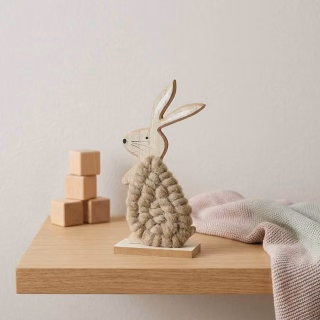 Garden Greatness Decorative Easter Wool Bunny on Wood Stand in Beige and Multicolour