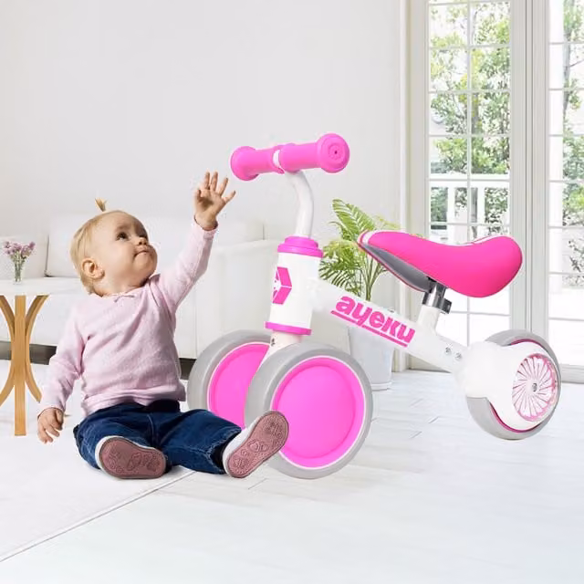 AyeKu Baby Toddler Balance Bike with Flashing Light Wheels and Height Adjustment, Rose Flower Pink