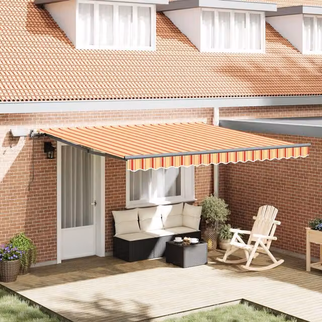 Berkfield Home Manual Retractable Folding Arm Awning with LED in Yellow and Orange Striped, W: 400 cm, D: 300 cm