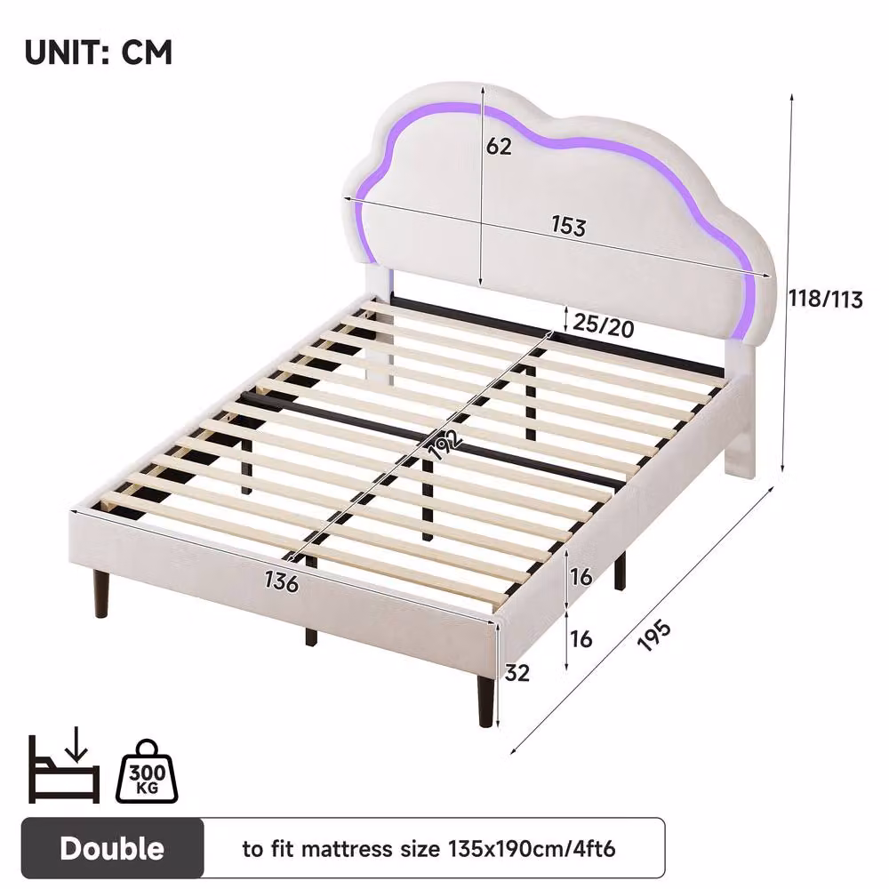 Rolipo Double Upholstered Velvet Bed Frame with LED Cloud Headboard in White, W/D/H: 140 x 200 cm – 3