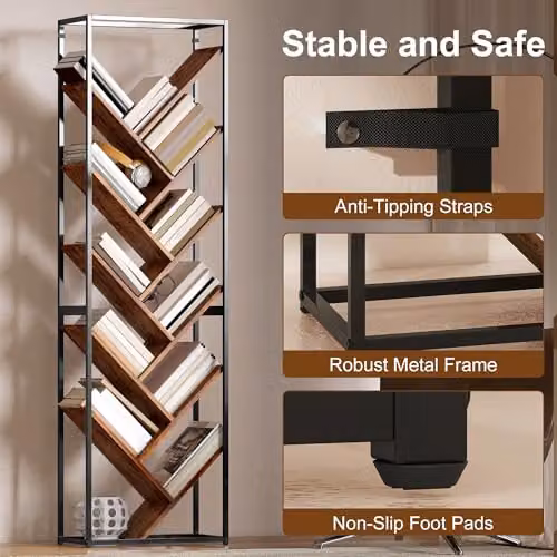 HOMCOM 10 Tier Tree Bookshelf, Industrial Tall Display Bookcase in Brown and Black, H 170 x W 50 x D 24 cm – 5