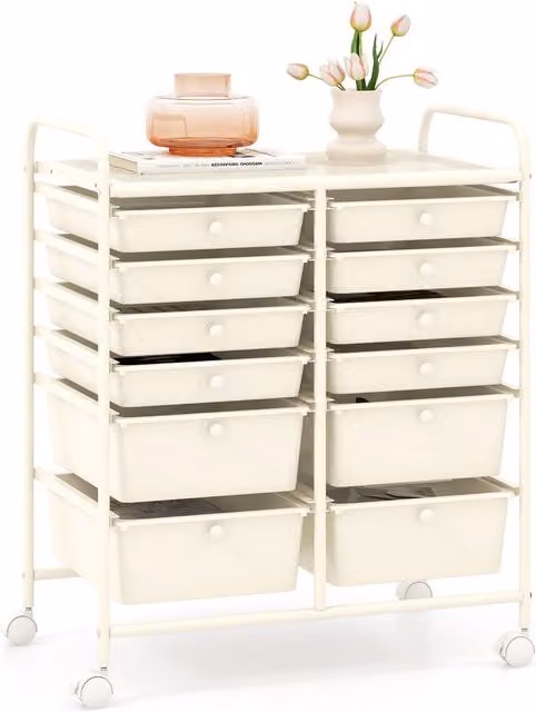 Gymax 12 Drawer Rolling Utility Storage Cart with Wheels and Handles in White