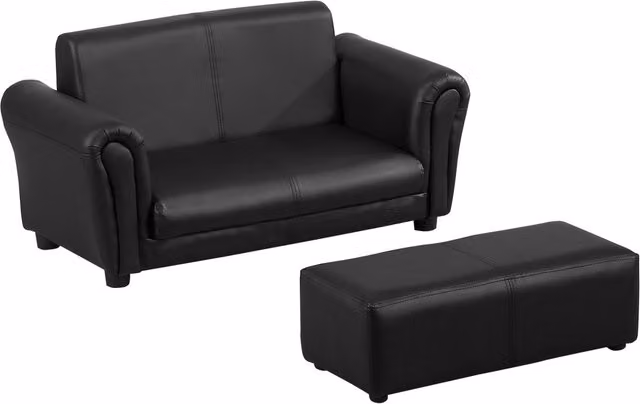 HOMCOM 2 Seater Toddler Sofa with Matching Ottoman, Black Synthetic Leather Upholstered Kids Double Armchair with Solid Wood Frame – 1