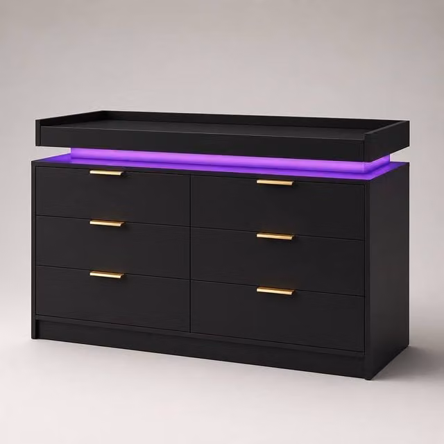 Harmin Luxury Black and Gold 6-Drawer Chest with Integrated LED Lighting, W: 116 cm, D: 40 cm, H: 80 cm – 1