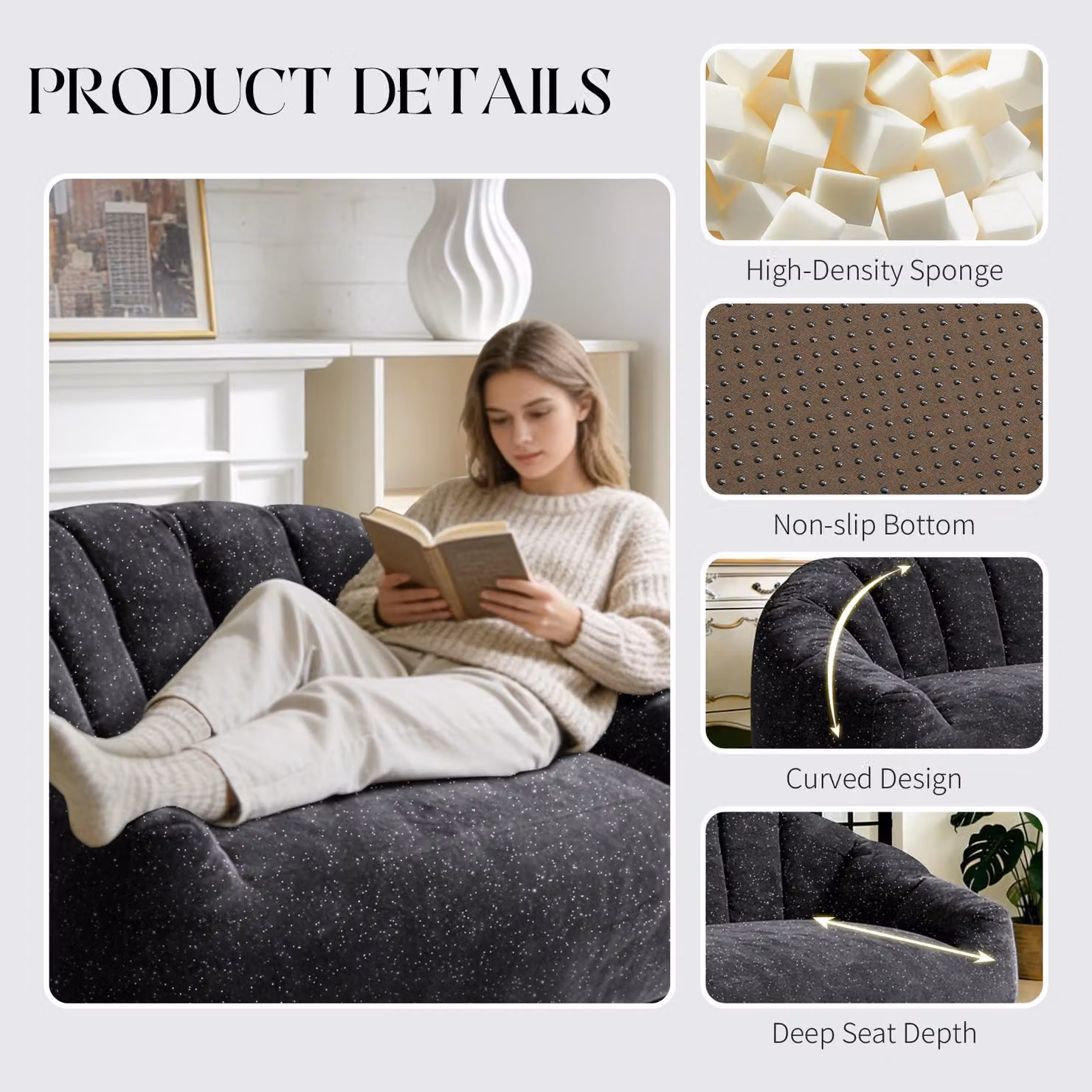 Aosom UK Plush 2-Seater Bean Bag Sofa with High Density Sponge in Black, W/D/H: 98 x 140 x 61 cm – 7