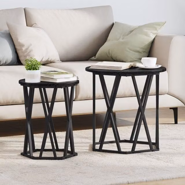 Berkfield Home Black Oak and Metal Modern Geometric Coffee Table with Round Nested Tops and X-Frame Design – 1