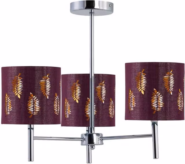 First Choice Lighting Brea Chrome 3 Light Ceiling Fitting with Burgundy Fabric Shades